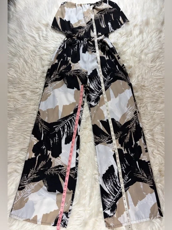 Mahina ~ Strapless Jumpsuit ~ in Black/Tan/White Palm Leaves Print - Picture 6 of 16